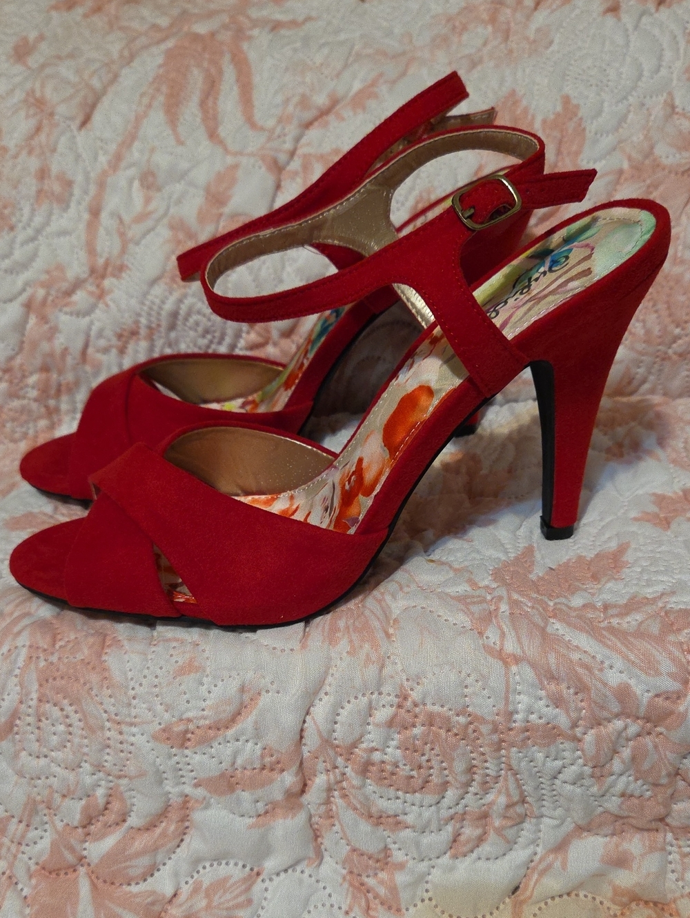 Red Faux Suede Peep-Toe Slingback Heels - Women's Elegant Dress Shoes